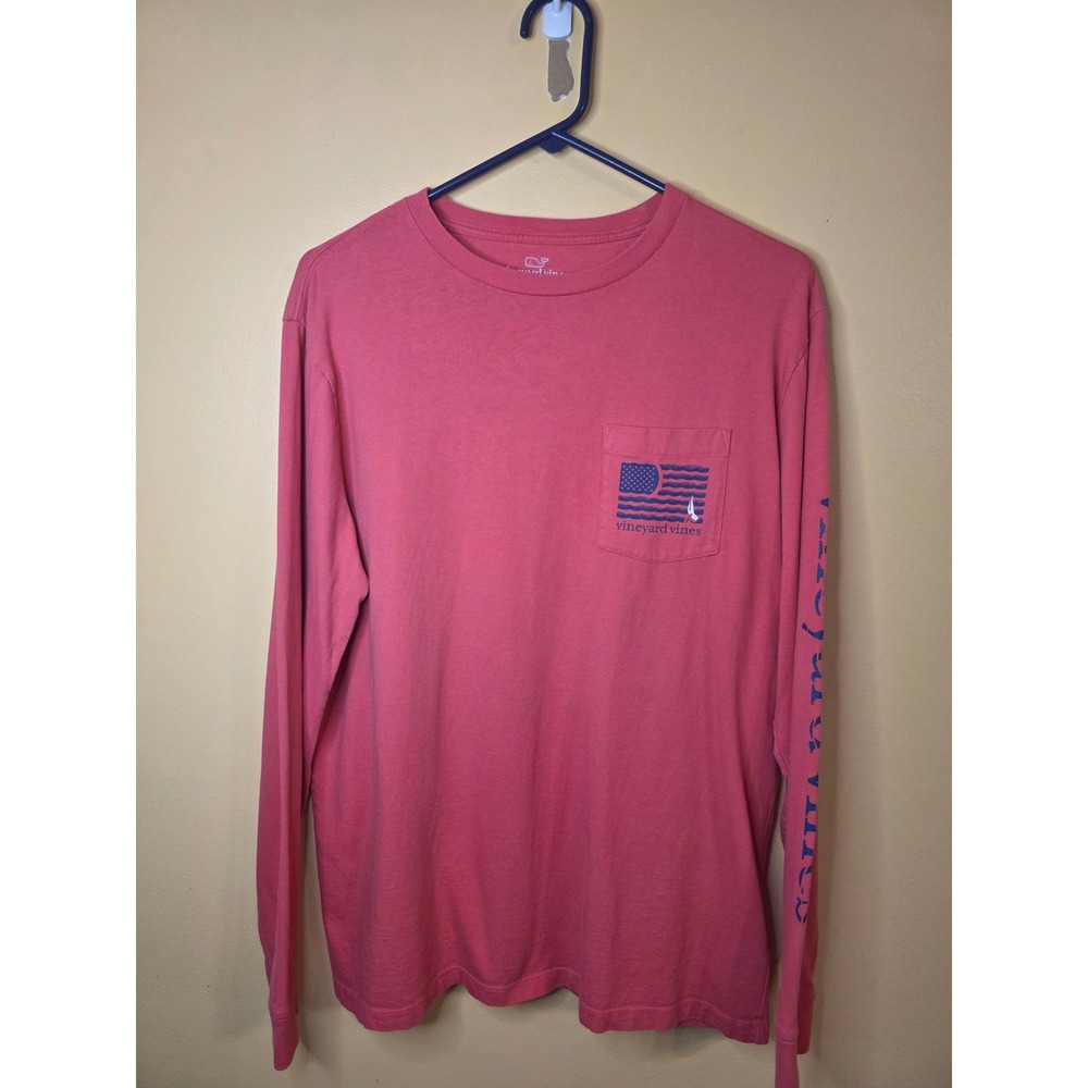 Vineyard Vines Mens Pink American Flag Long Sleeve Pocket T-Shirt Size M
